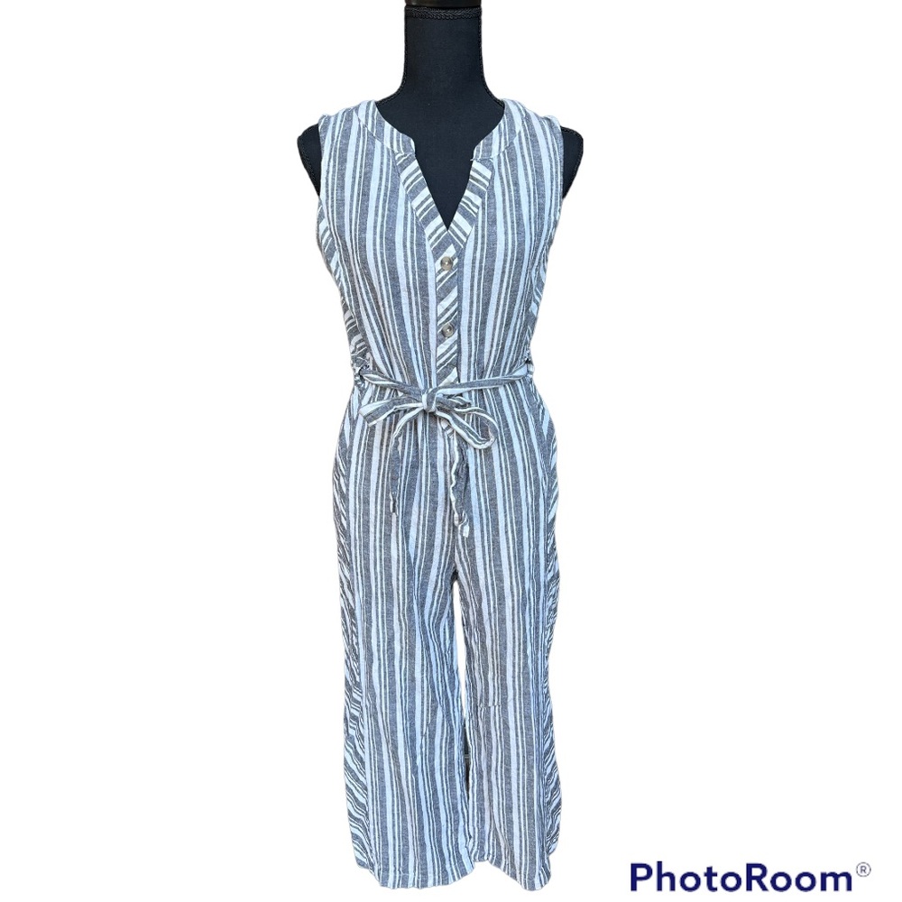 Laundry by Shelli Segal Striped Belted Jumpsuit Linen Cropped size 6